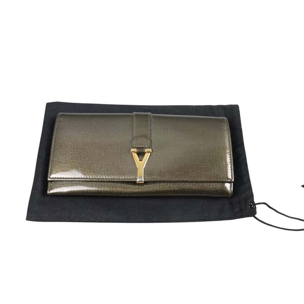 YVES SAINT LAURENT Vintage Used Green Patent Leather Long Wallet